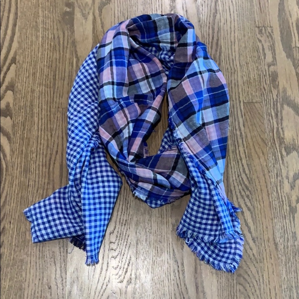 Scarf, blue gingham one side, plaid on other side